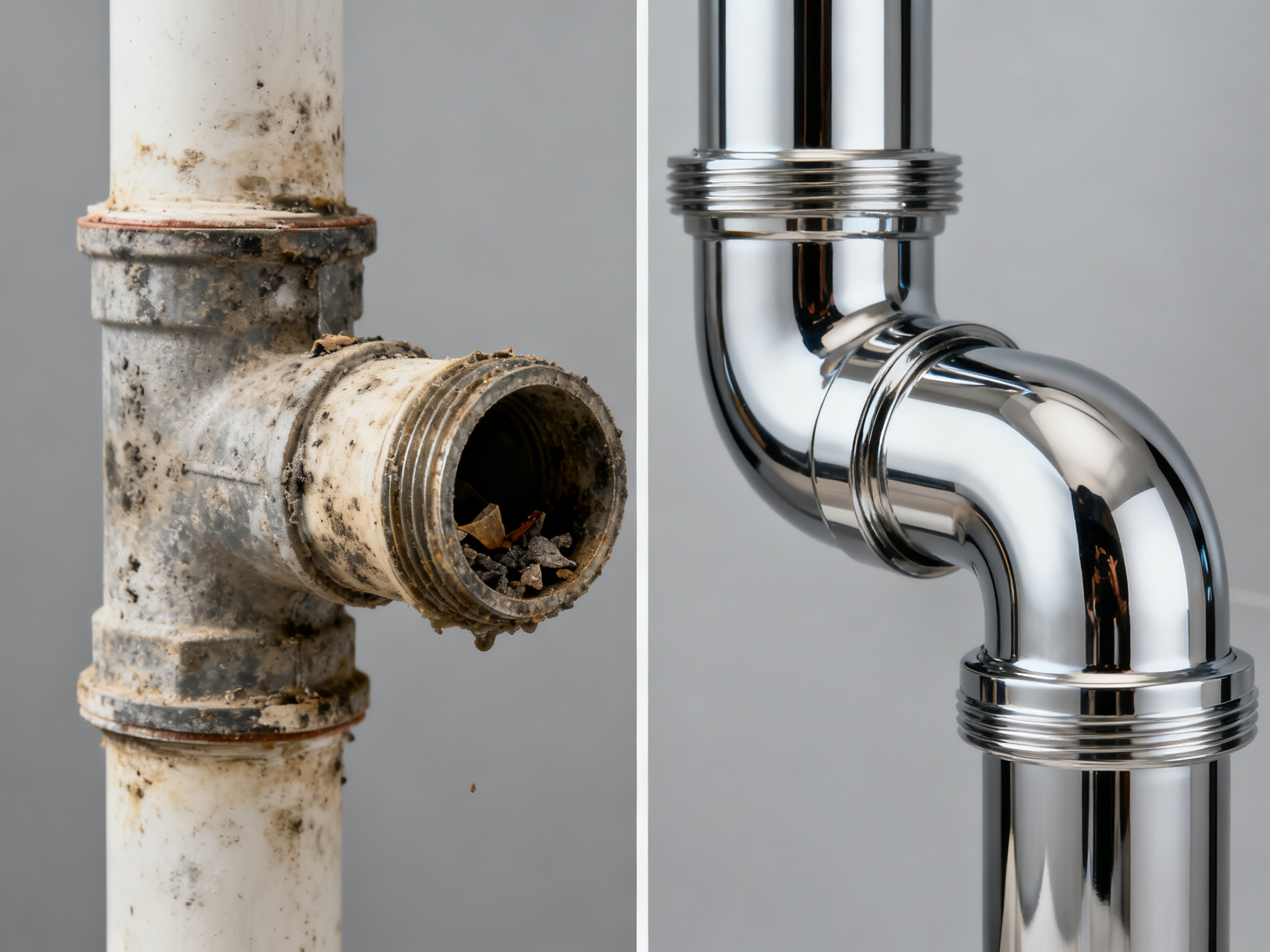 Before and after comparison of clogged vs clean pipes