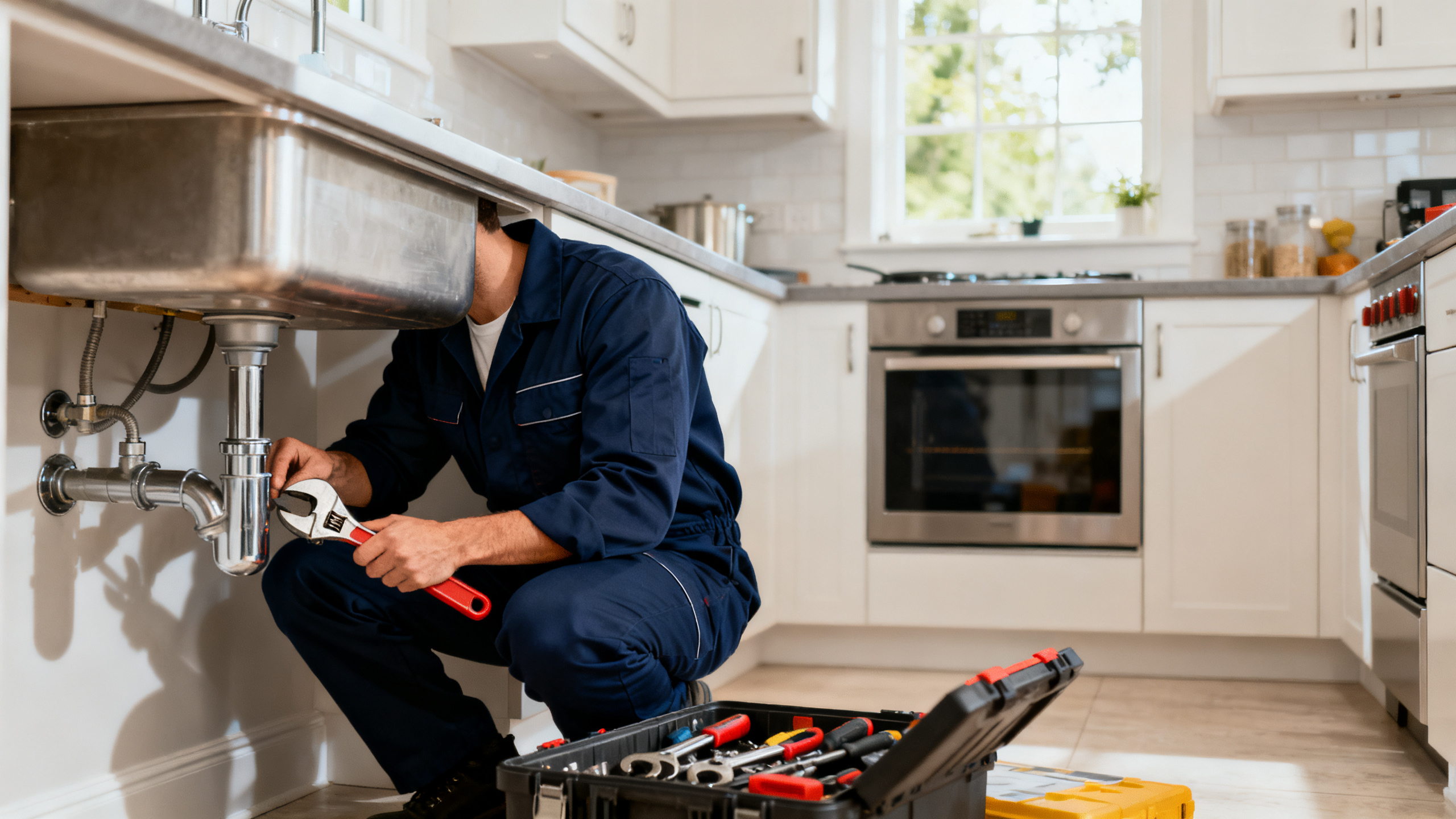 Professional plumber repairing under kitchen sink in Guangzhou apartment