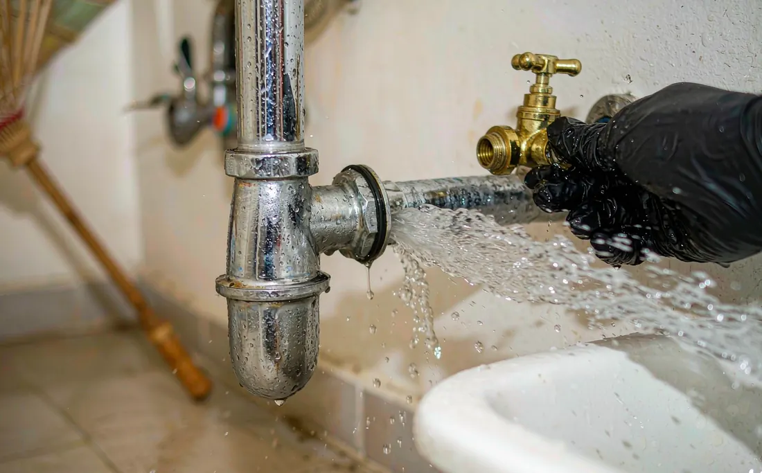 Water spraying from a split pipe joint while the shut-off valve is closed