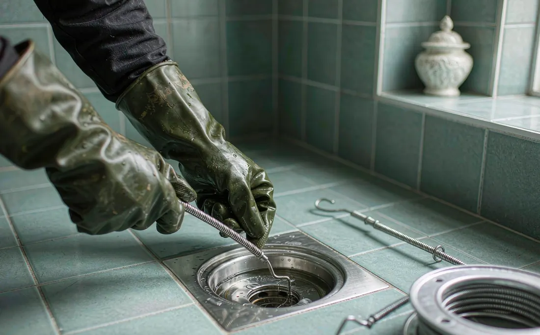 Drain auger being fed into the floor drain of a Guangzhou bathroom