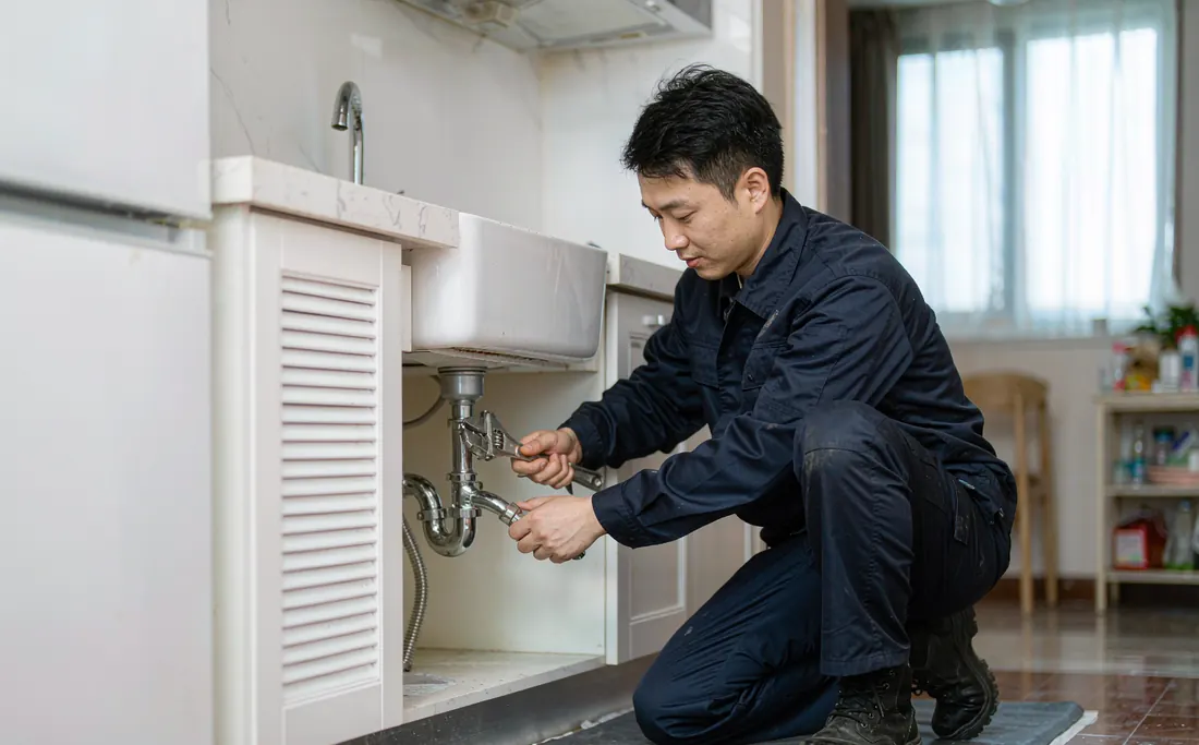 Technician repairing the trap under a kitchen sink in a Haizhu apartment