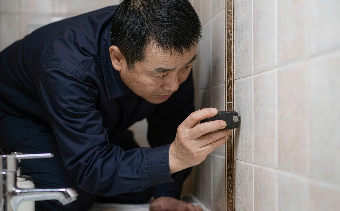 Technician checking a tiled bathroom wall with a moisture meter in an older Yuexiu apartment