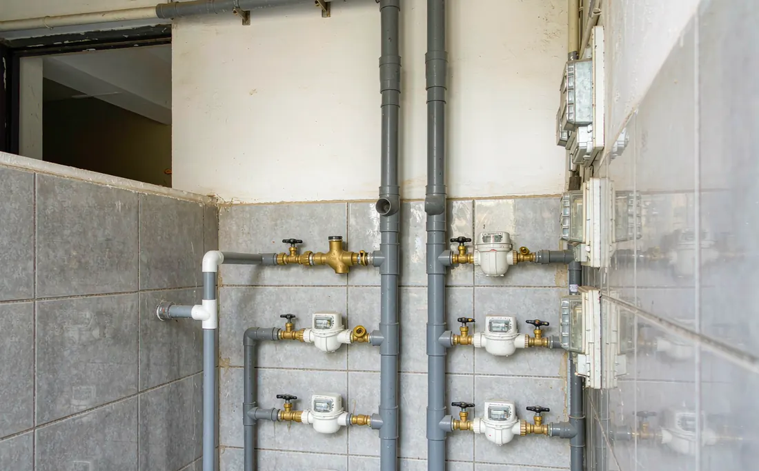 Riser pipes and valves on a utility wall in an older Guangzhou building