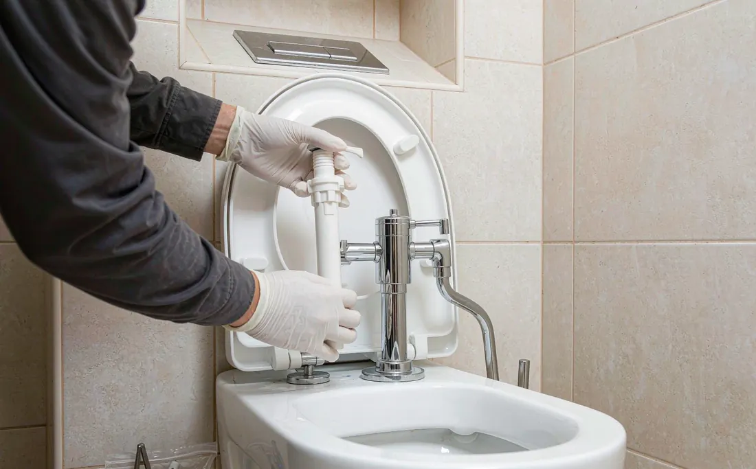 Gloved hands replacing the flush valve inside a toilet cistern